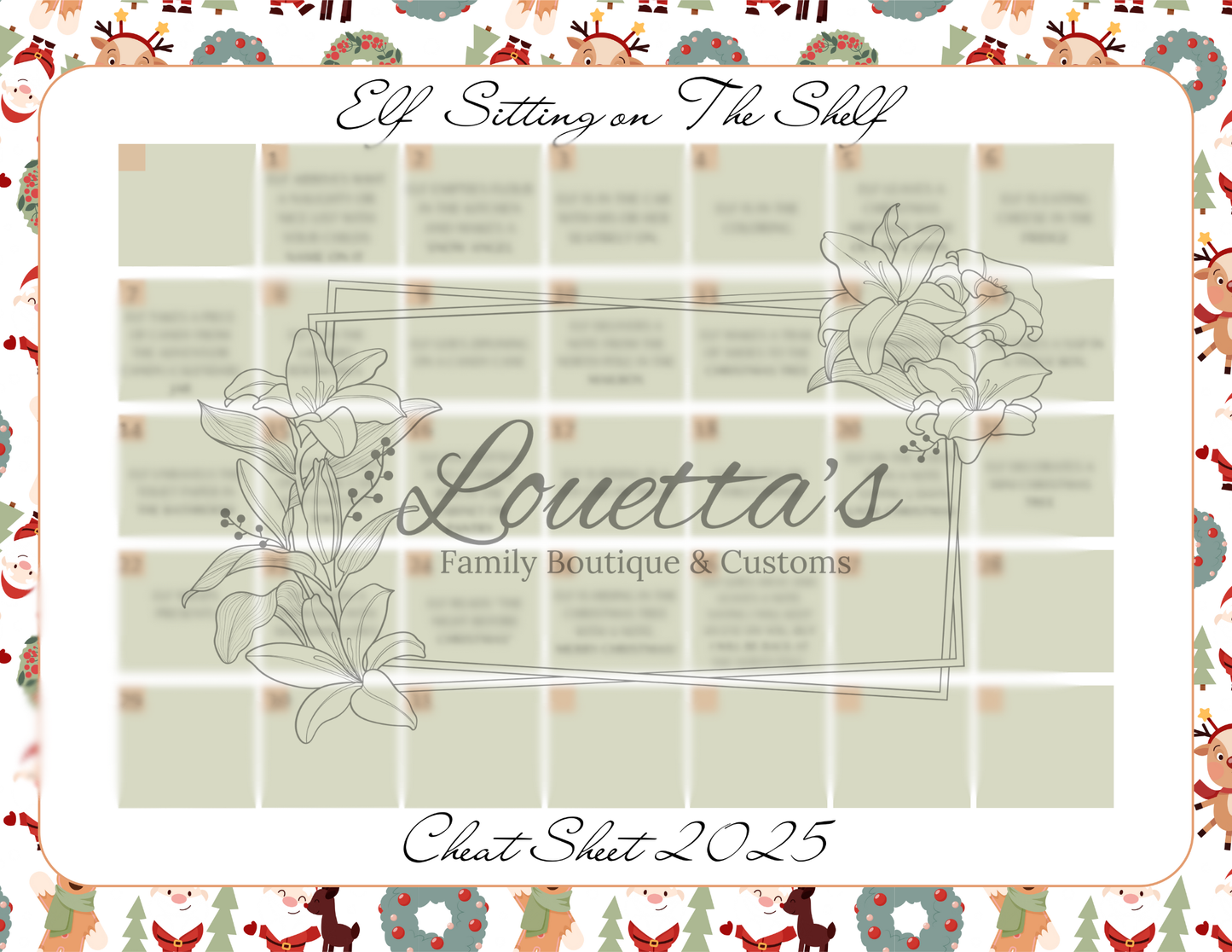 2025 Christmas Elf Sitting on the Shelf Cheat Sheet
